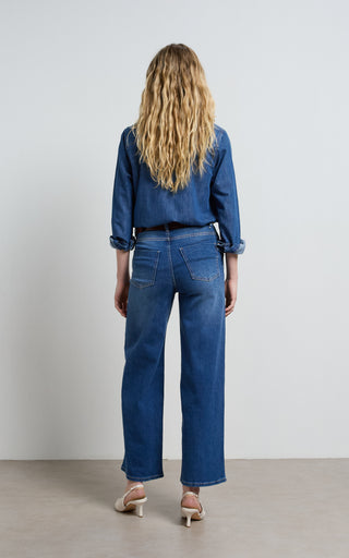 Women wearing a high waisted wide leg cropped jeans in Pacific blue denim