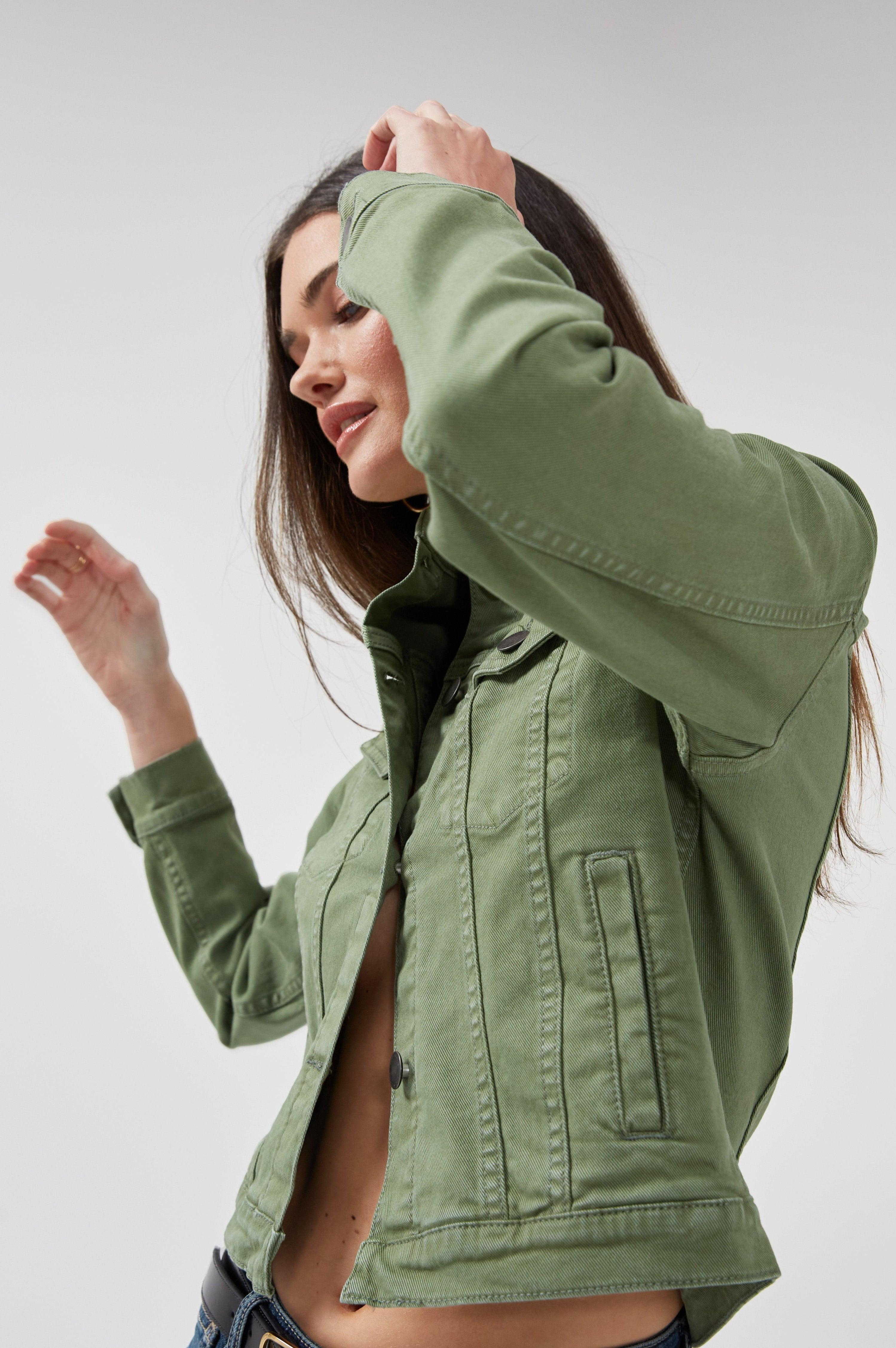 Elonnie Women Denim Oil Green Jacket | DRICOPER DENIM