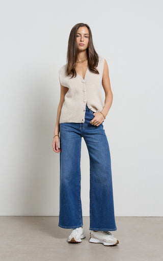 Women wearing a high waisted wide leg cropped jeans in Pacific blue denim
