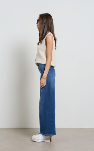 Women wearing a high waisted wide leg cropped jeans in Pacific blue denim