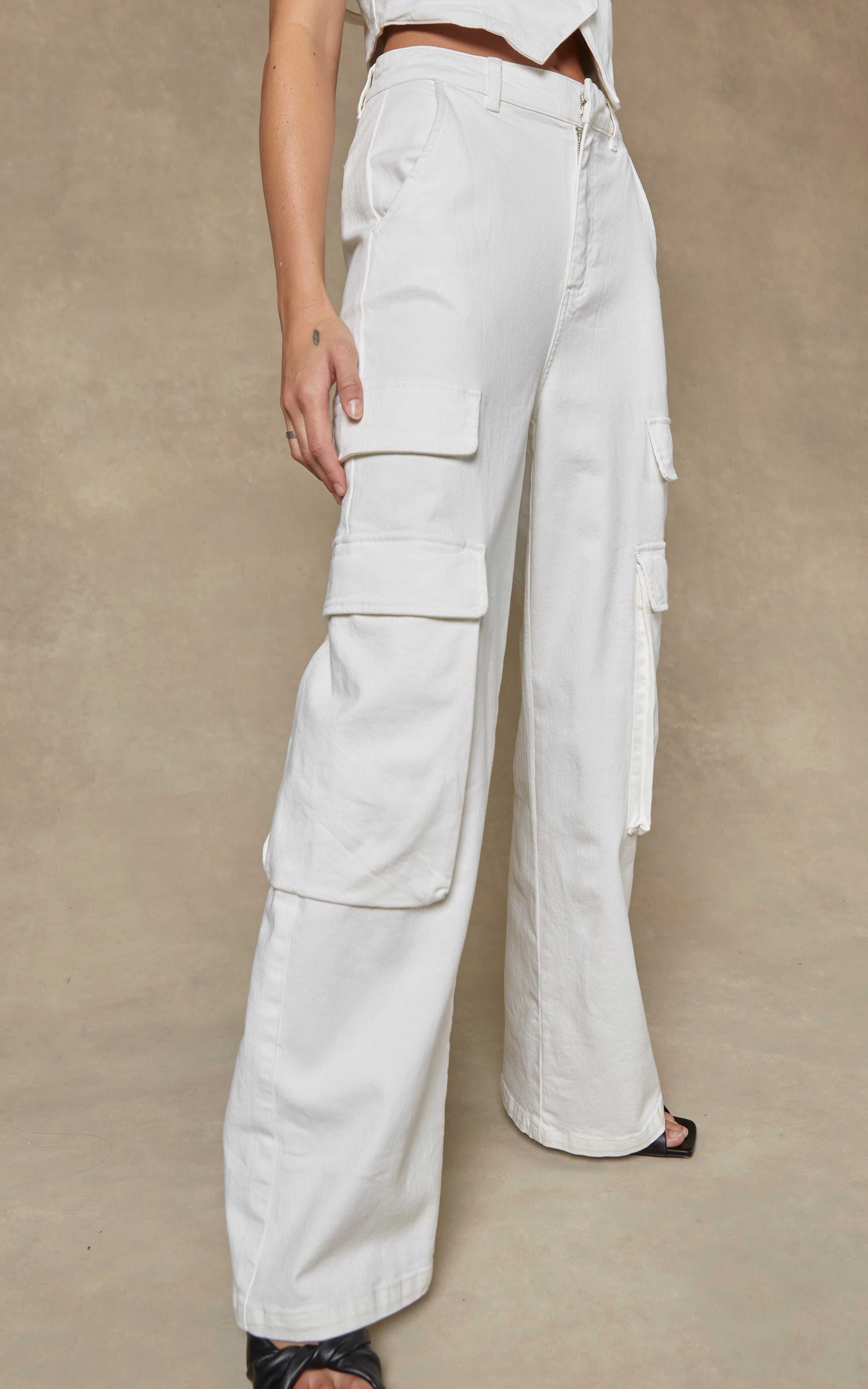 White Wide Leg High Waisted Cargo Pant