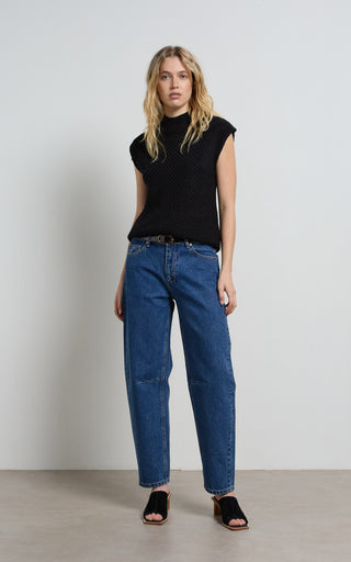Chloe denim barrel jeans showcasing stylish design and comfortable fit for modern fashion trends.