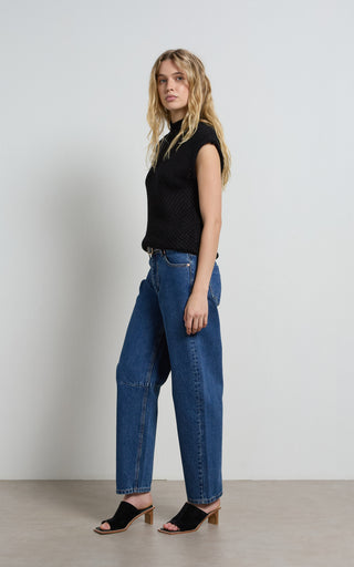 Chloe denim barrel jeans showcasing stylish design and comfortable fit for modern fashion trends.