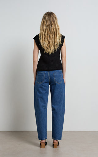 Chloe denim barrel jeans showcasing stylish design and comfortable fit for modern fashion trends.