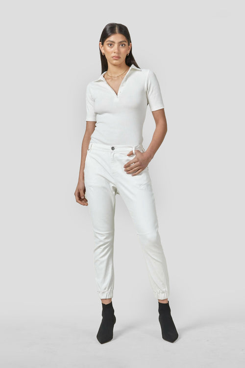 Coated Denim Cuffed White Jeans