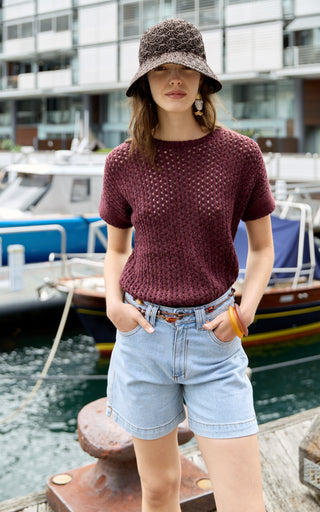 Cora Red Plum Knit Short Sleeve Top