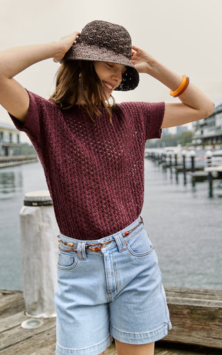 Cora Red Plum Knit Short Sleeve Top