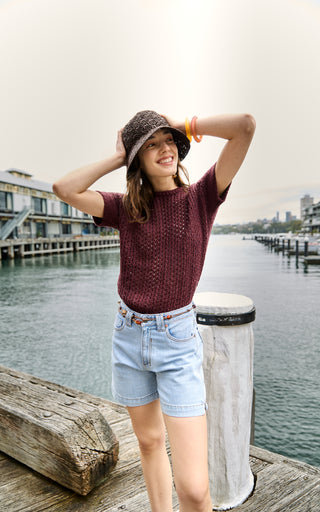 Cora Red Plum Knit Short Sleeve Top