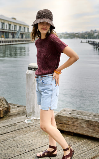 Cora Red Plum Knit Short Sleeve Top