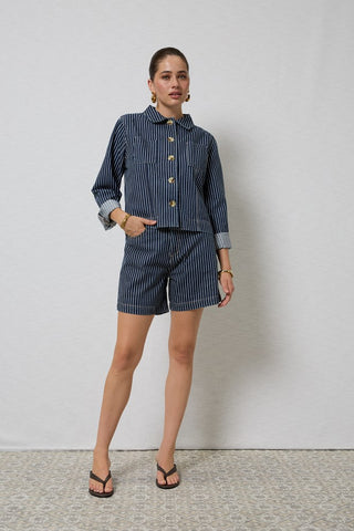 Zola Indigo Stripe Long Denim Shorts  DRICOPER DENIM Shorts.