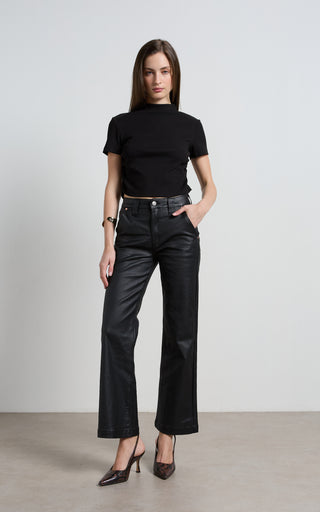 Misika Coated Black Flare Trousers
