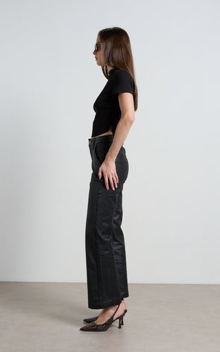 Misika Coated Black Flare Trousers