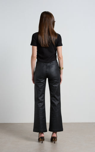 Misika Coated Black Flare Trousers
