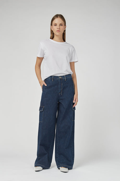 Zeona Indigo Cargo Wide Leg Pants