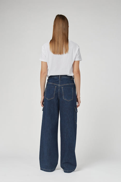 Zeona Indigo Cargo Wide Leg Pants