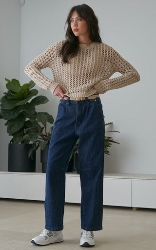 Keely Beige Crochet Knit Sweater | DRICOPER DENIM