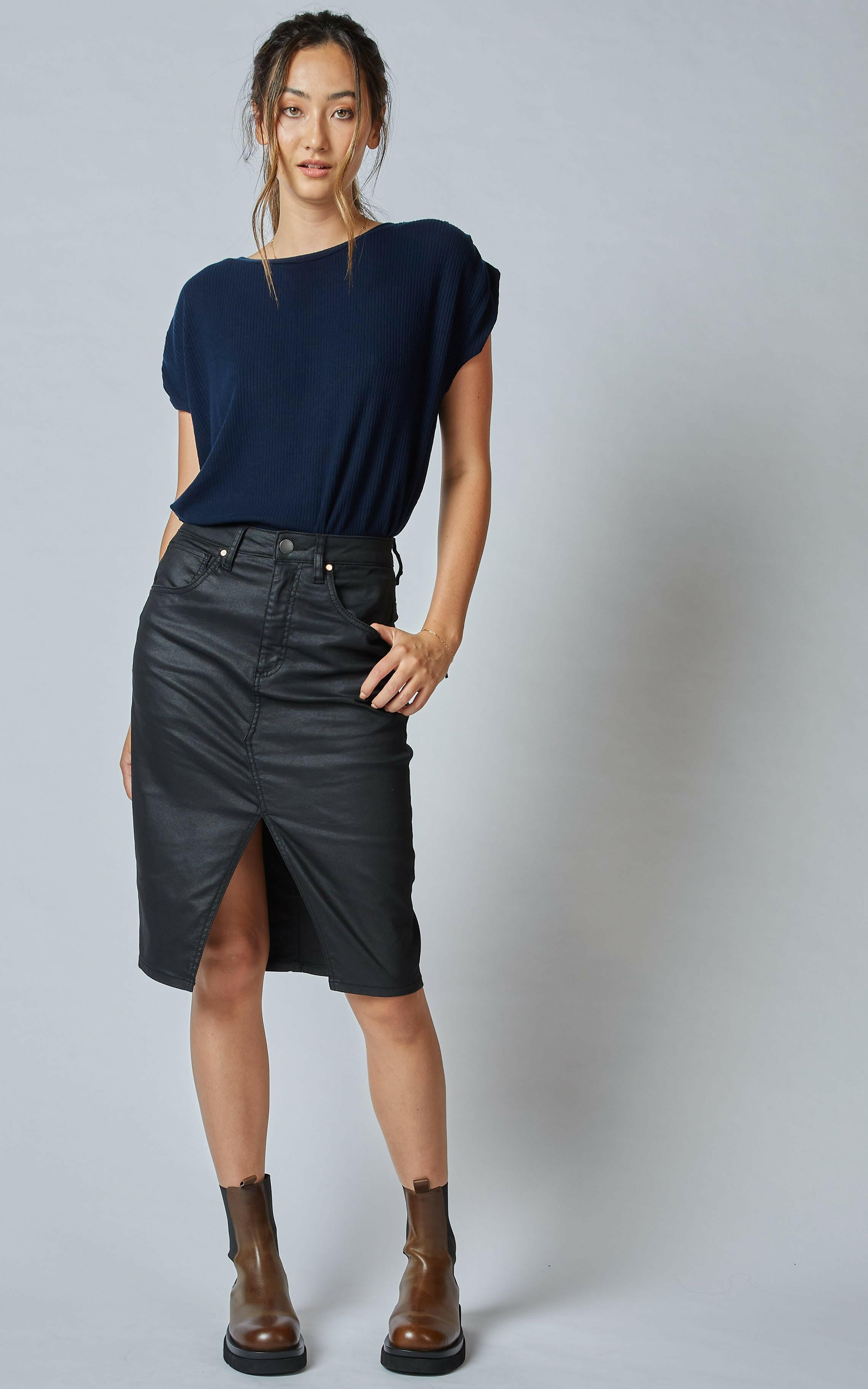 Black Coated Denim Low Rise Mini Skirt, Denim